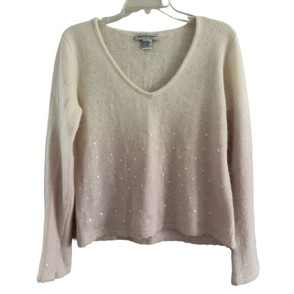 Newport News Pink Ombre Cream Lambs Wool Angora V-Neck Sweater Women's L sequin - Picture 1 of 6